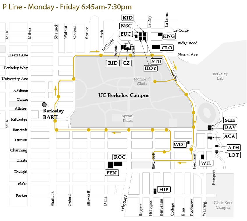 An image depicting UC Berkeley Transit Line P routes.